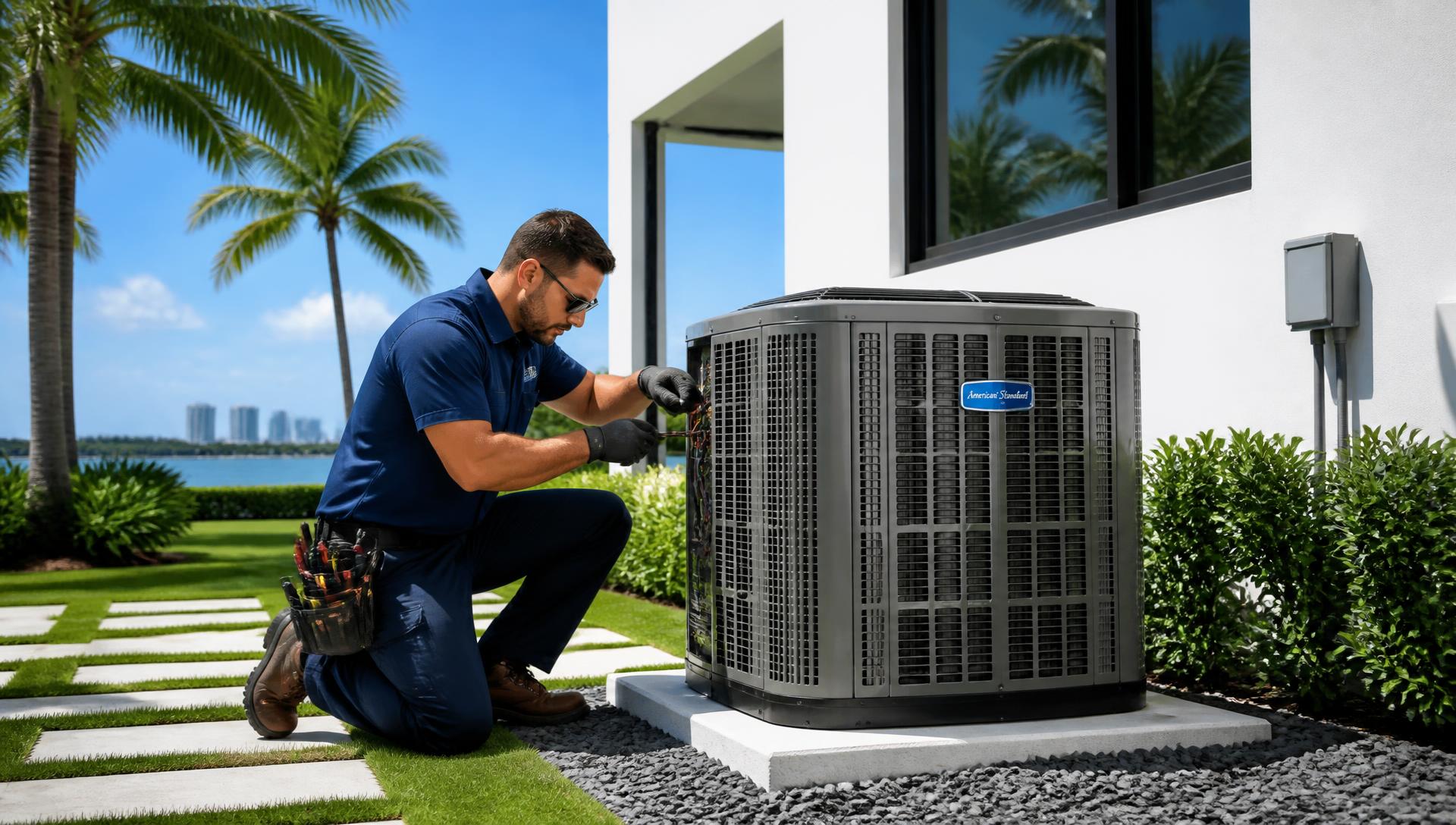 Marnade Services technician servicing an air conditioning condenser at a Miami home