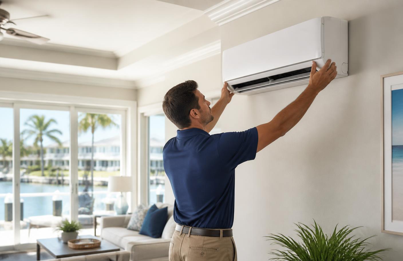 Technician installing a new high-efficiency air handler in a Miami home